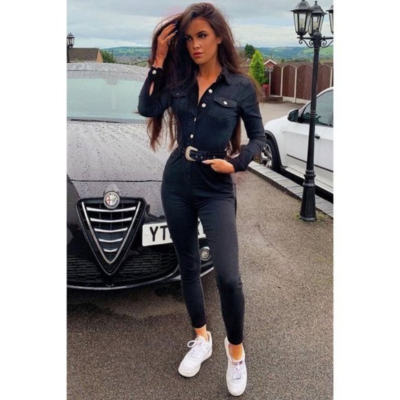 Black Denim Jeans Long Sleeve Belted Bodycon Jumpsuit Playsuit - Picture 6 of 10